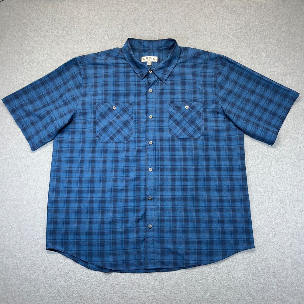 Orvis Button Up Shirt Men’s XXL Blue Black Plaid Short Sleeve